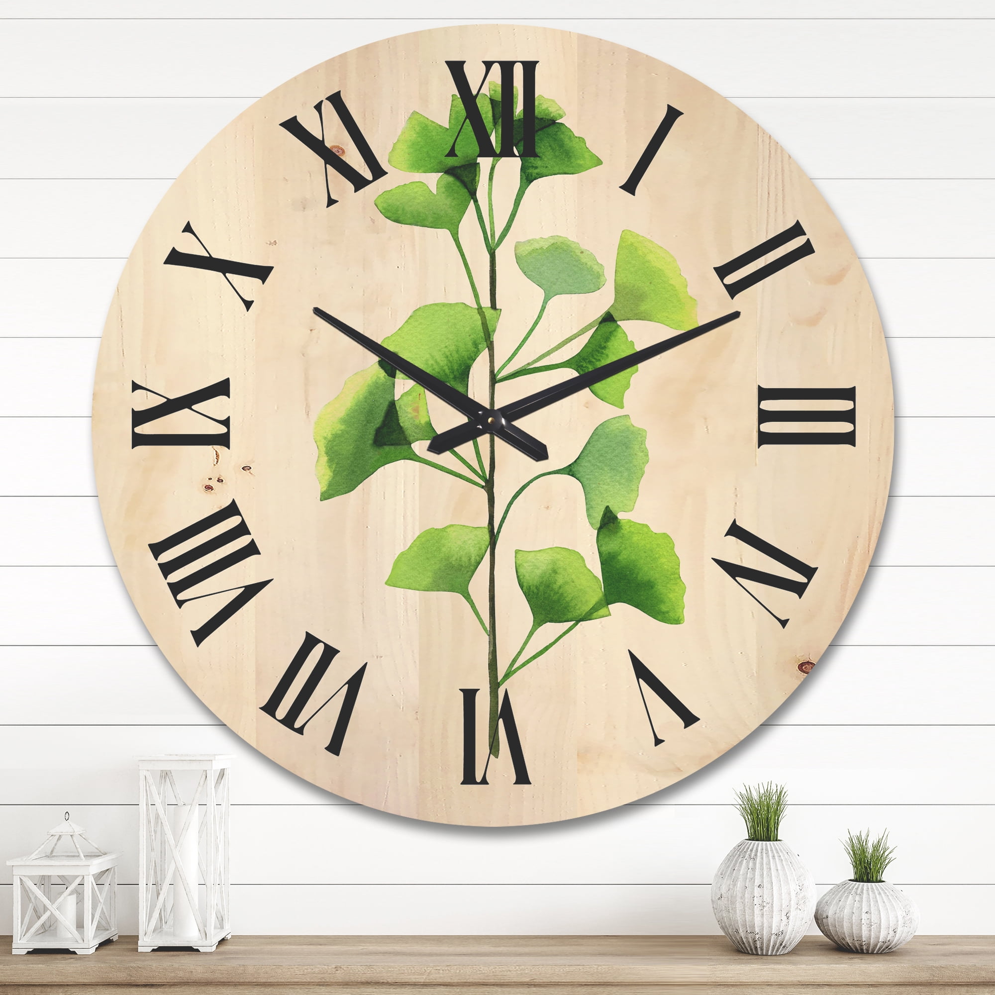 Designart 'Green Field Plant Foliage Branch' Farmhouse Wood Wall Clock