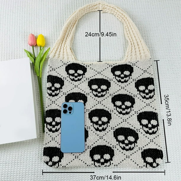 Bolso Mano Tejido Halloween para Mujer Hombro Con Patron Calavera Unica