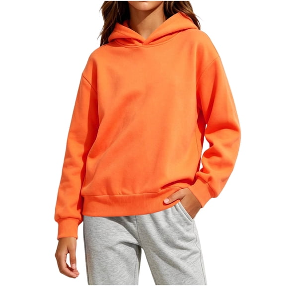 FAVIPT Hooded Sweatshirt Kids Girls Fall Winter Cotton Long Sleeve Hoodies Shirts Casual Solid Color Pull Over Hoodie Tops Orange,7-8 Years