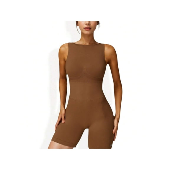 Women's Sleeveless Compression Bodysuit with High Neckline and Seamless Design - Medium, Brown