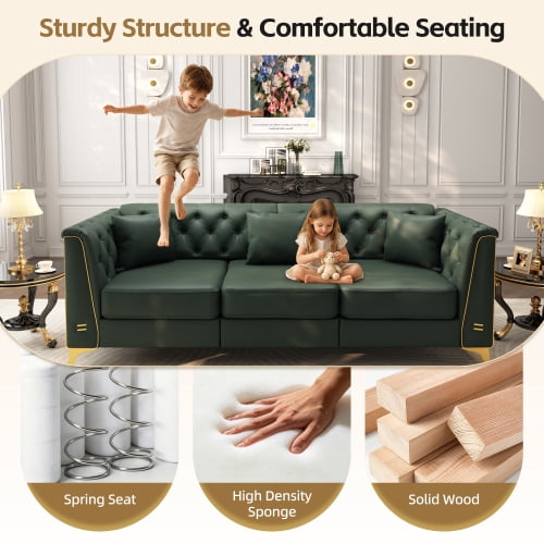 81.5" Light Luxury Modular Chesterfield Sofa Set, 4-Piece Faux Leather Couch with 3-Seater, Handmade Button Tufting, Metal Trim Armrests, Thin Metal Legs, Includes 3 Pillows, Green