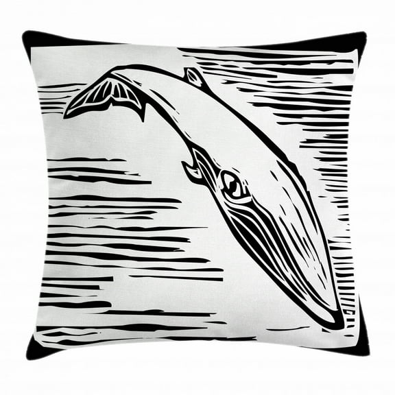 Whale Throw Pillow Cushion Cover, Vintage Style Hand Drawn Illustration of a Sea Mammal in Monochrome Framework, Decorative Square Accent Pillow Case, 24 X 24 Inches, Black and White, by Ambesonne