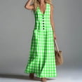 thumbnail image 5 of Makaor Linen Dresses for Women Plus Size A Line Button Maxi Dresses Sleeveless Gingham V Neck Beach Vacation Clothes with Pockets Green XL, 5 of 7