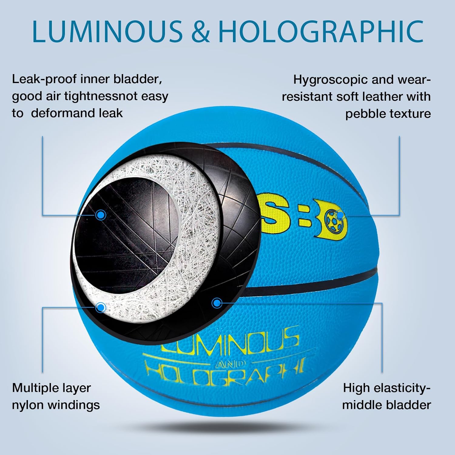 Glow in The Dark Basketball, Cool Glowing Luminous Basketball with Pump and Bag Indoor Outdoor PU Leather Basketballs Size 5/6/ 7