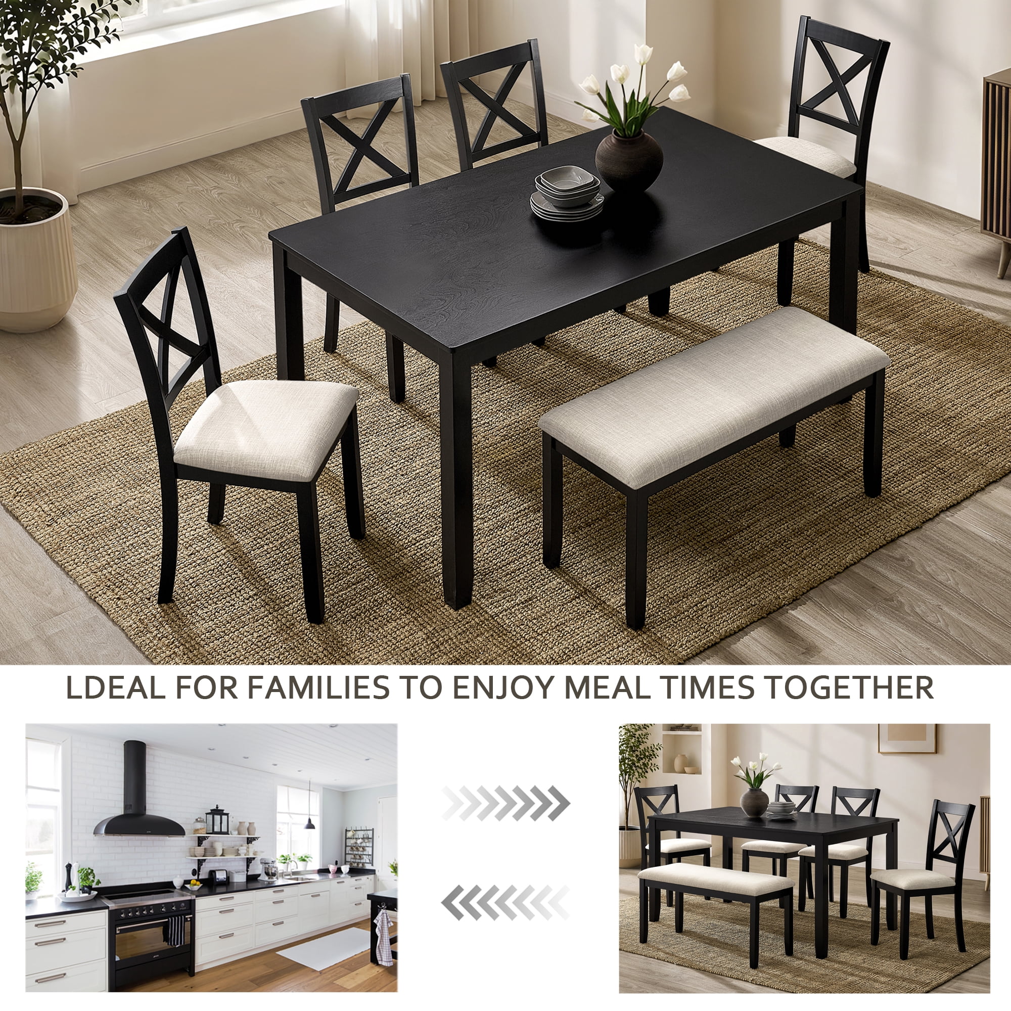 6-Piece Dining Table Set for 6, 58.5" Wood Rectangular Kitchen Table with 4 Chairs & Bench