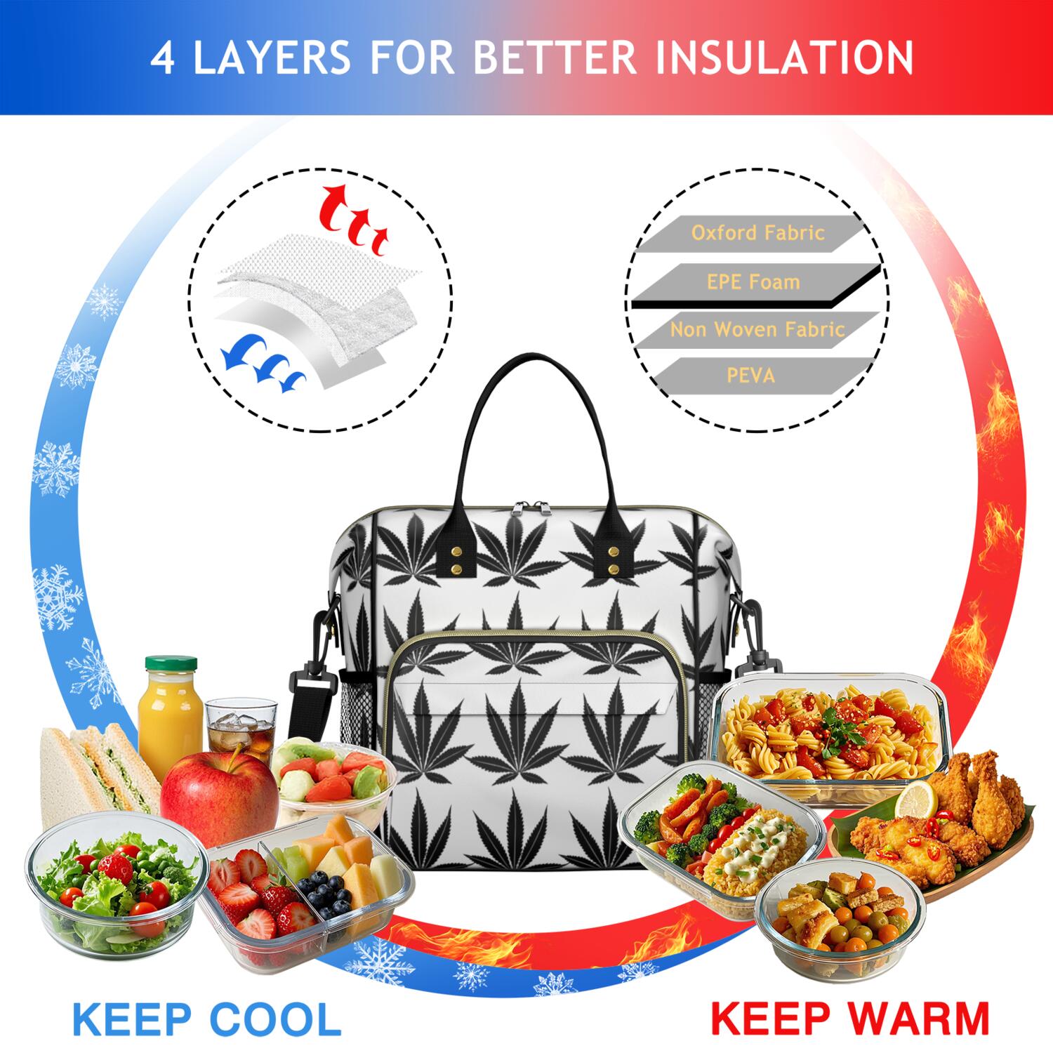 Neon Marijuana Leaf Glow in The Dark Lunch Bag - Large Leakproof Cooler Tote for Office Workers & Students - Multi-Compartment Food Storage Bag