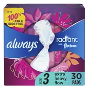 Always Radiant Feminine Pads with Wings, Size 3, Extra Heavy Absorbency, Scented, 30 CT