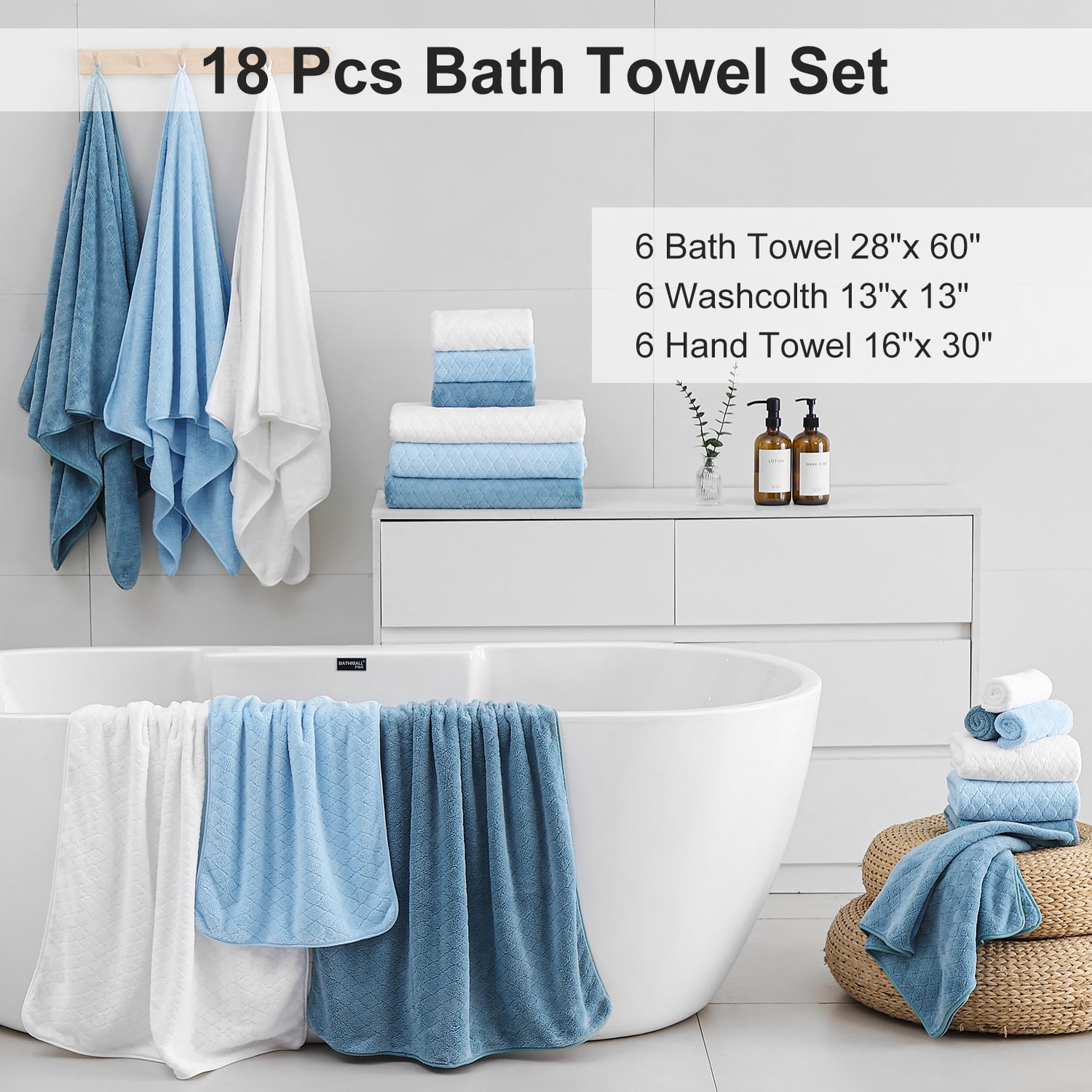 Smuge 18 pcs Bath Towel Sets, Include 6 Bath Sheet Towels, 6 Hand Towels, 6 Washcloths, Soft Microfiber Highly Absorbent Shower Towel for Bathroom Gym Spa(Blue)