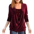 thumbnail image 3 of Blusa de lentejuelas para mujer de manga larga brillante túnica drapeada fluida fiesta jersey con cordón dobladillo con purpurina, 3 of 5