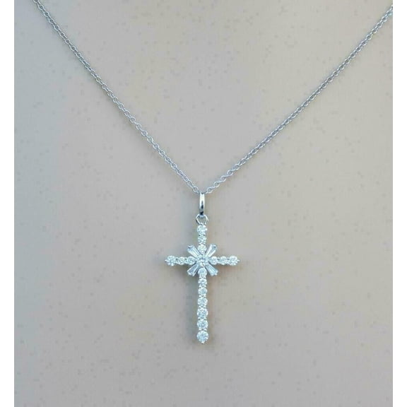 14K White Gold Plated 2.00Ct Round Cut Lab-Created Diamond Women's Cross Pendant 925 Silver 18" Free Chain