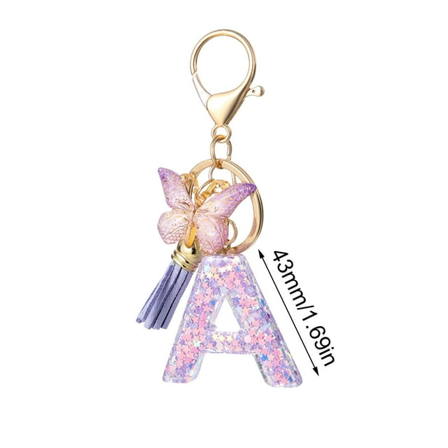 Car Key Chain with 26-Letter Resin Pendant Butterfly Design and Gradient Tassel