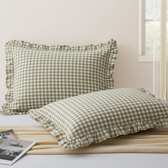 2 Pcs Plaid Ruffle Pillow Case Standard Size, Cotton Gingham Ruffled Euro Sham Covers 20x26 Inch, Linen Feel Bed Shams with Envelope Closure for Sofa (Sage Green Plaid)