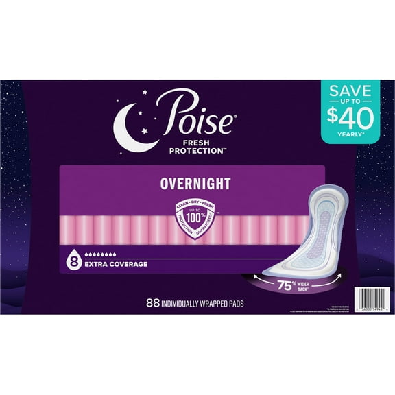 Poise Incontinence Pads & Postpartum Incontinence Pads, 8 Drop Overnight Absorbency, Extra-Coverage Length, 88 Count (Packaging May Vary)