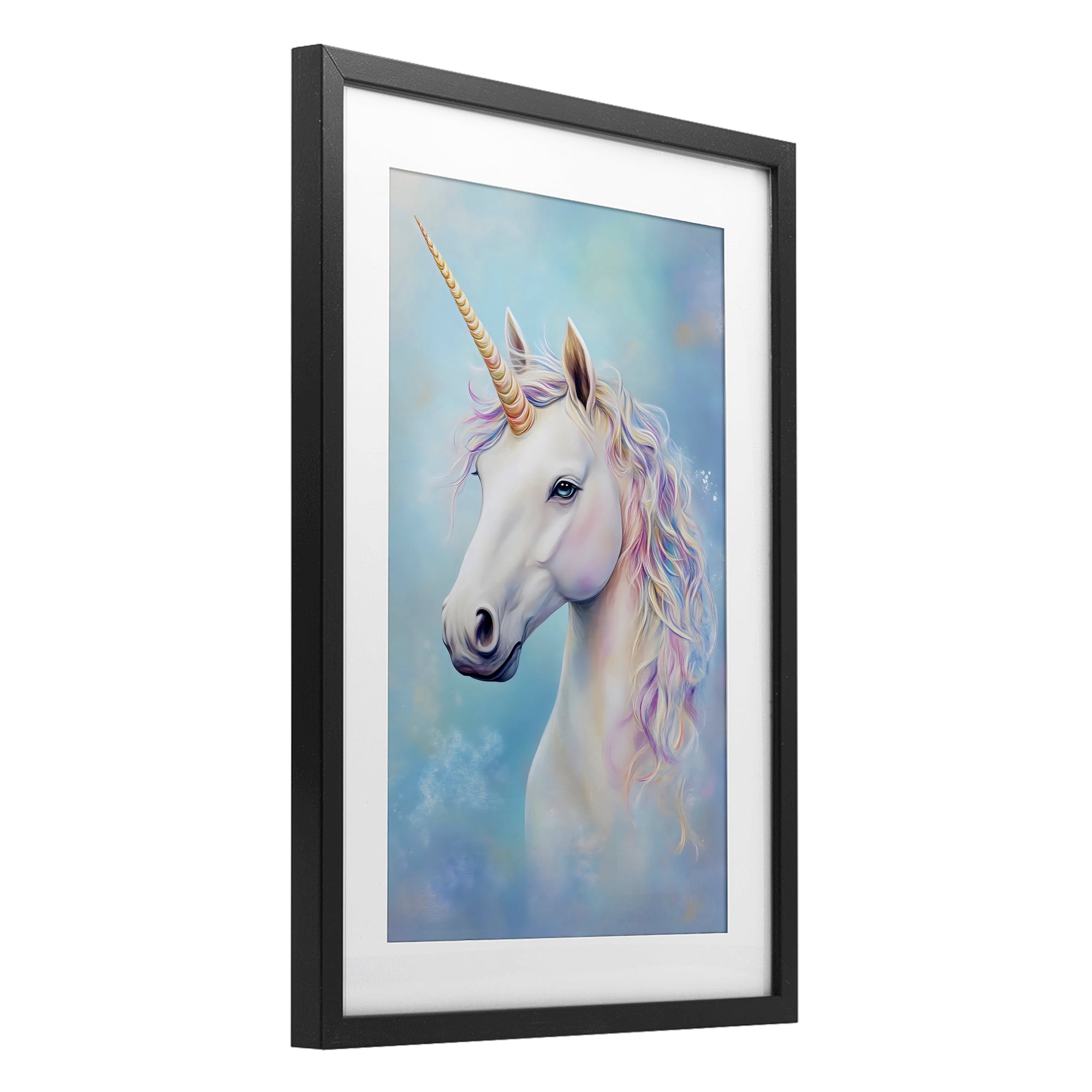 Stupell Industries White Unicorn on Blue Black Framed Print Under Glass, design by Creative Studio