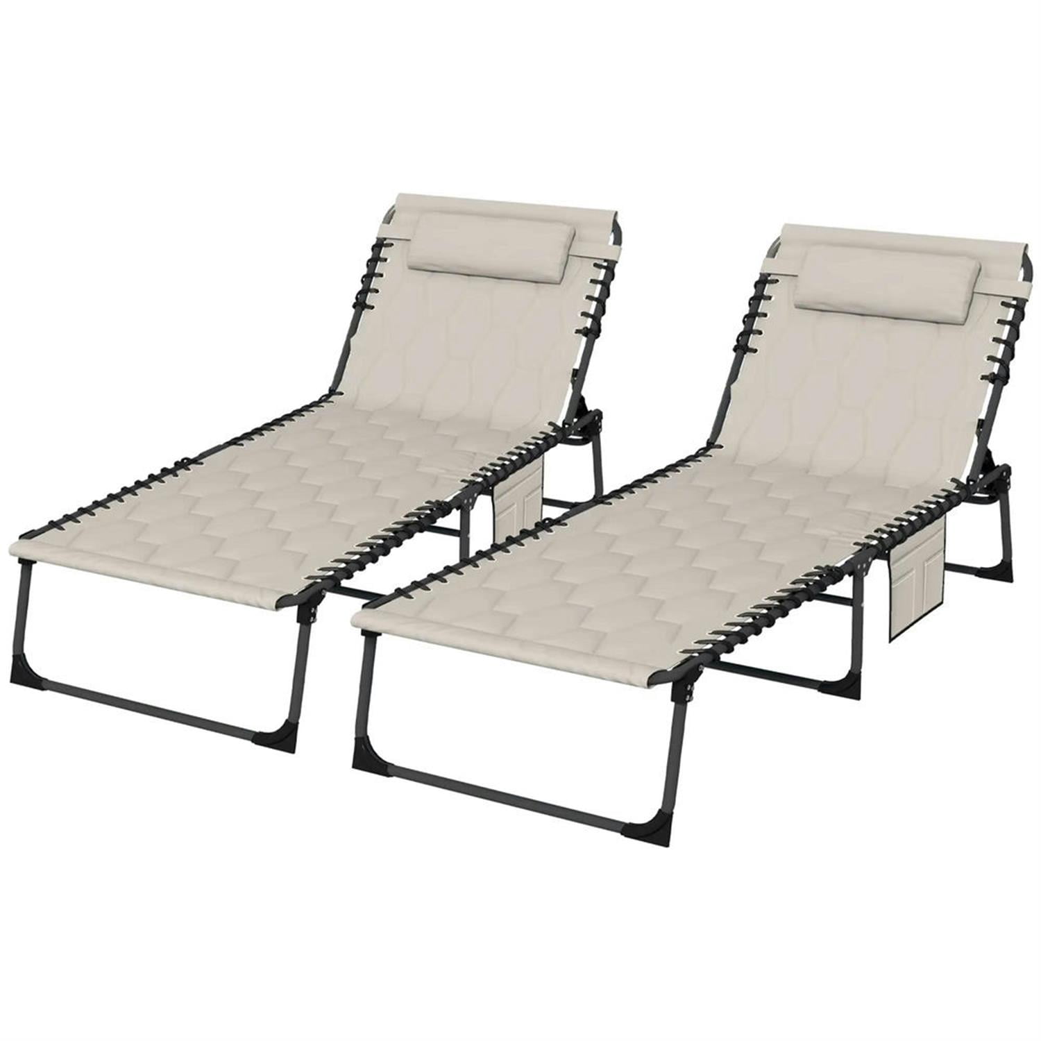 Demi Bonn 2 Piece Folding Chaise Lounge Set with Reclining Back, Portable Outdoor Patio Furniture for Beach, Yard, Beige