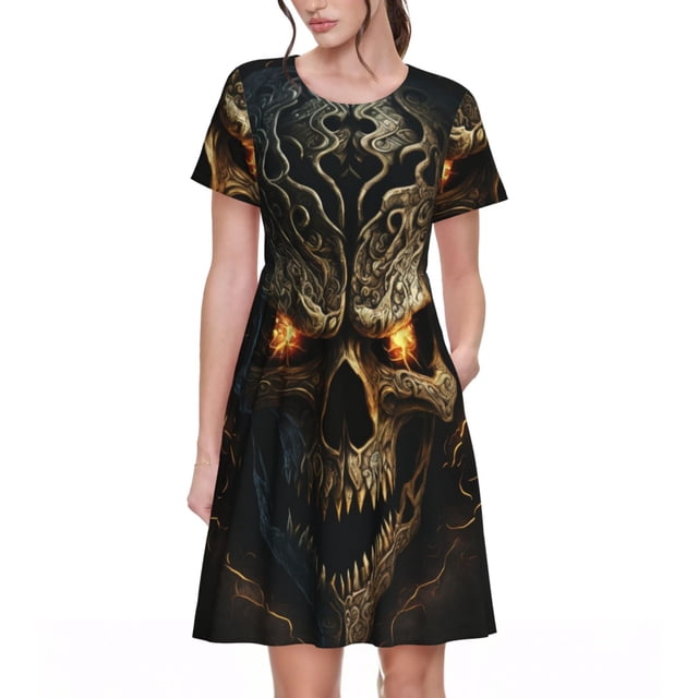 Fotbe Metal Evil Skull Vestido Largo de Moda para Mujer, Vestido Tipo Camiseta con Manga Corta y Estilo Casual a Rayas y Bloques de Color