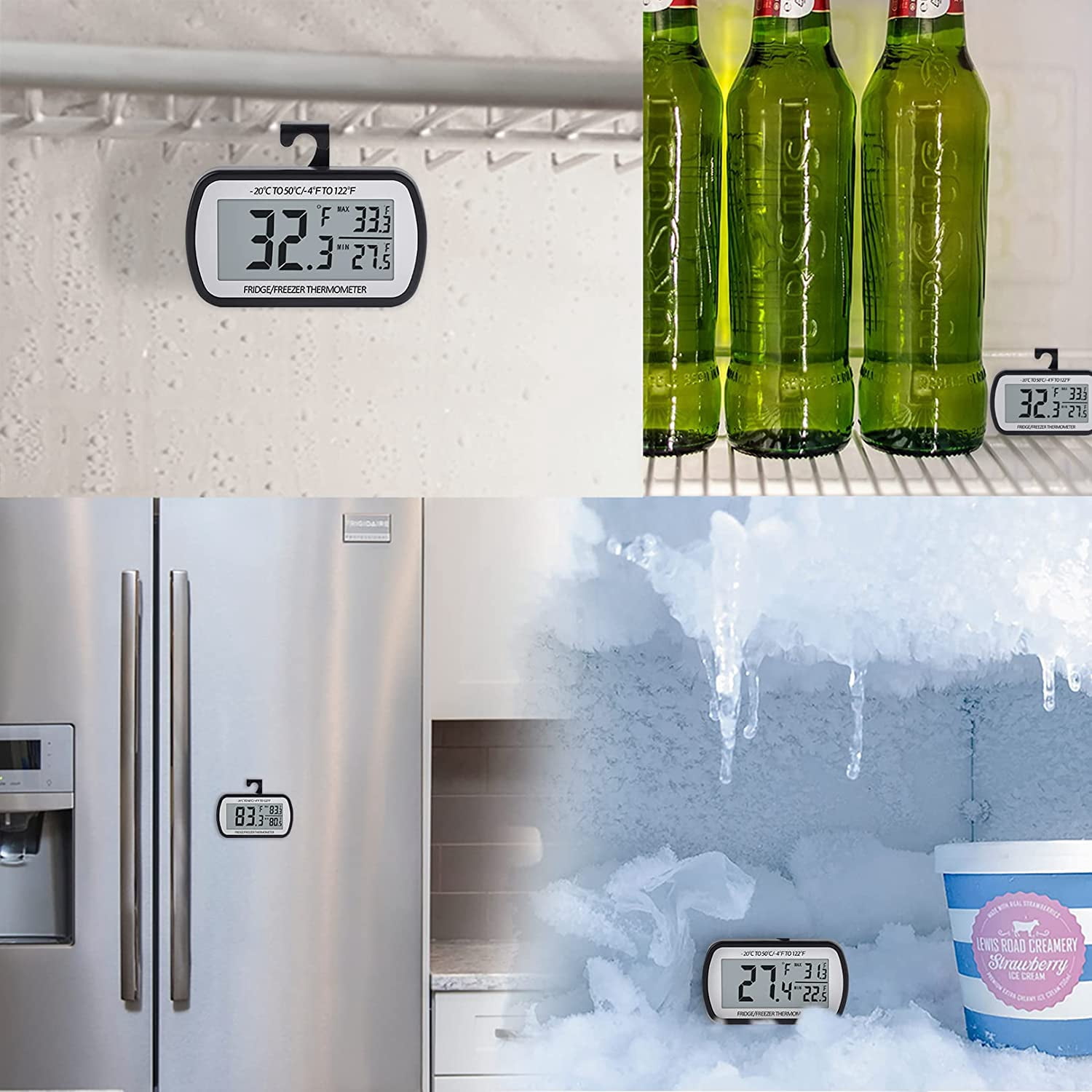 Refrigerator Thermometer Digital Fridge Freezer Thermometer with Magnetic Back Large LCD, No Frills Easy to Read (Black-4 Pack)