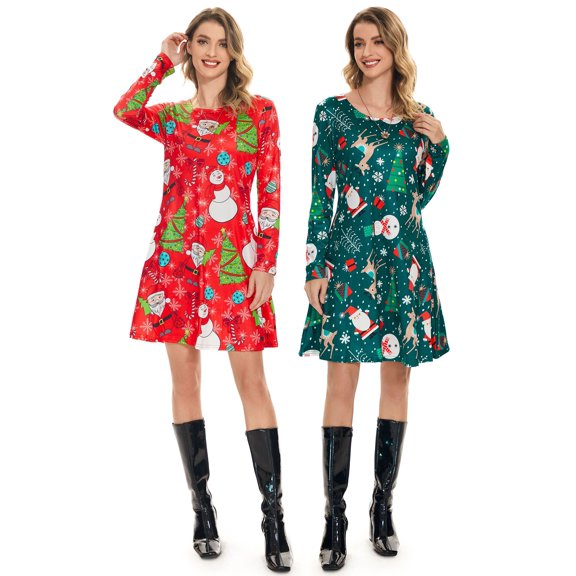 Luxtrada Womens Cute Christmas Xmas Santa Dress with Pockets Vintage Snowman Santa Claus Long Sleeve Dress Winter Christmas Party New Years Tunic Shirt Dresses (Red,L)