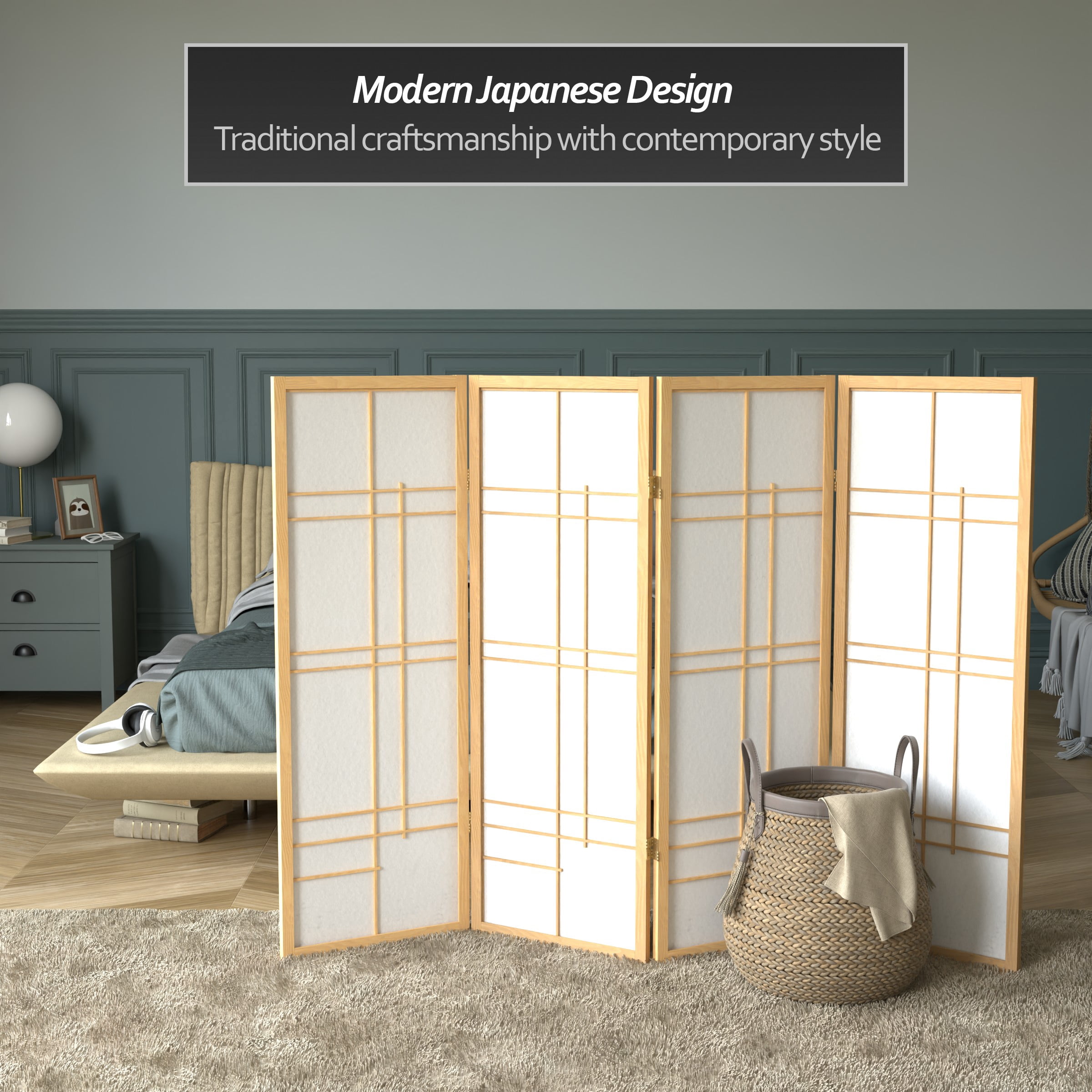 4 ft. Tall Japanese Style Eudes Lattice Folding Screen - Natural - 4 Panels