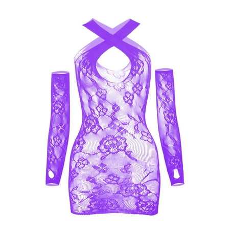 Augper Women Solid Color Lingerie with Sexy Lace Hollow Patterns Suspender Dress with Sleeves Suit
