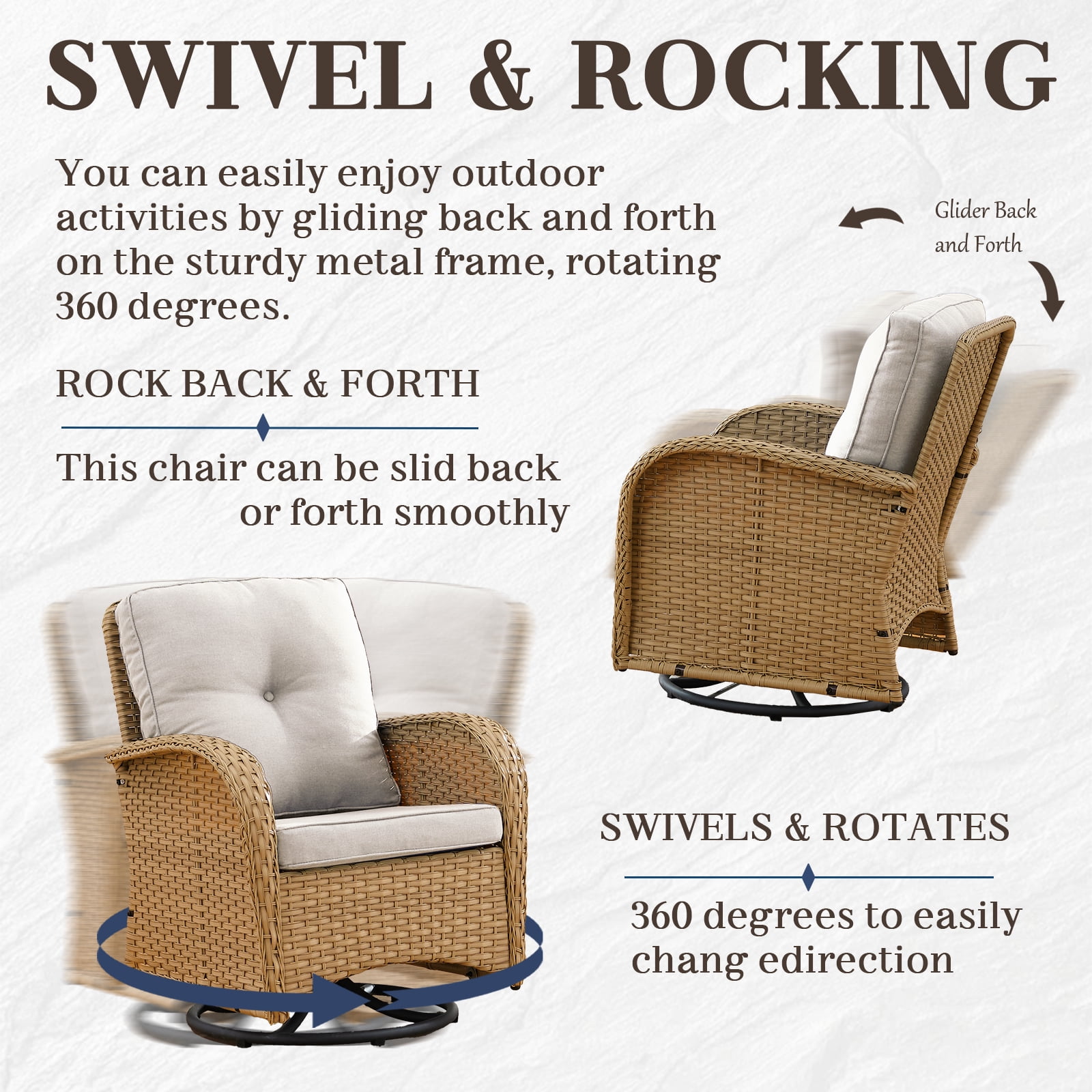 PARKWELL 3 Pieces Outdoor Swivel Gliders Rocker Set,High Back Wicker Patio Chairs with Side Table,Yellow Rattan Deep Seating Furniture with Non-Slip Beige Cushion for Porch Deck Backyard