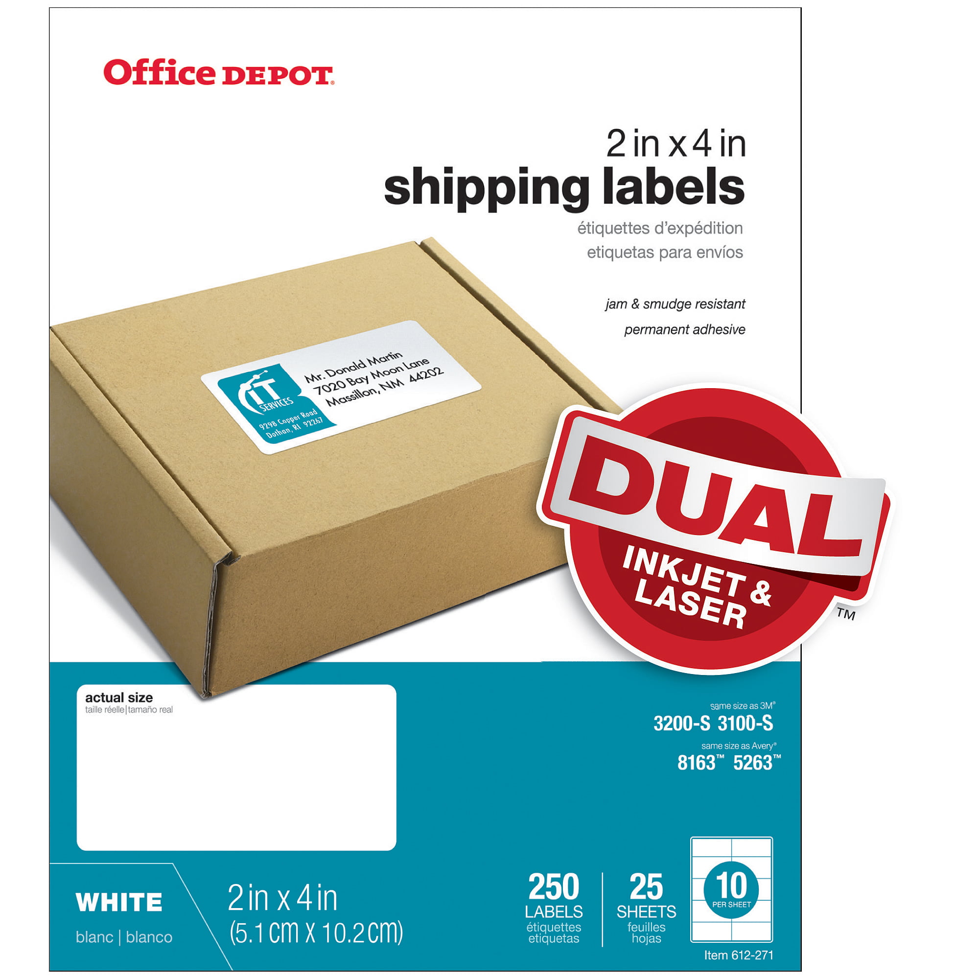 Office Depot White Inkjet/Laser Shipping Labels, 2in. x 4in., Pack Of 250,  505-O004-0007 