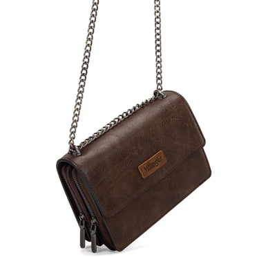 Wrangler Vegan Leather Crossbody Purse - Flap Shoulder Bag With Chain Strap For Women, Vintage Style