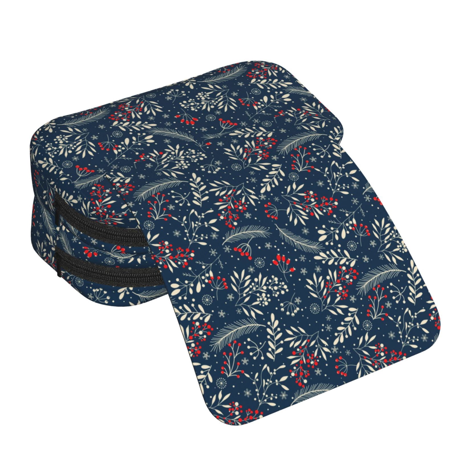 Rateoe Merry Christmas Winter Leaves Snowflakes Pattern Double Clamshell Pen Case, Storage Organizer with Two Zipper Compartments– Holds Up to 50 Pencils & Pens