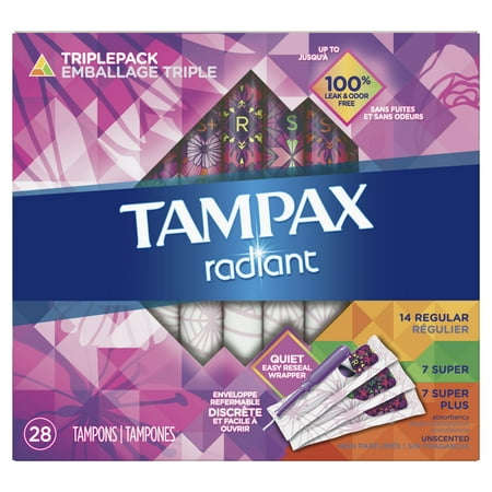 Tampon Convenience Pack Tampax Radiant Tampons Triple Pack (Regular/Super/Super Plus), Unscented, 28 Count ()