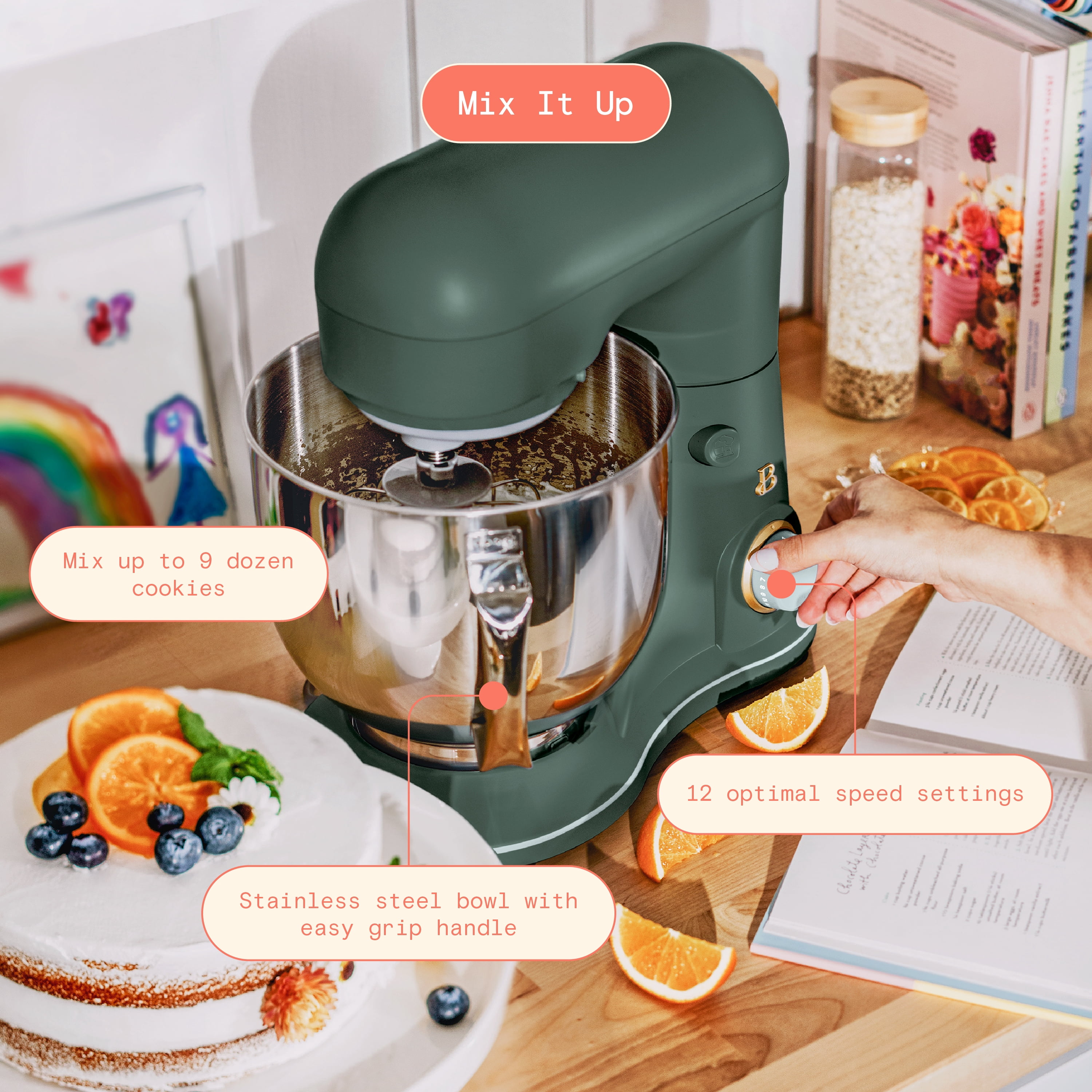 Beautiful 5.3 Qt Tilt-Head Stand Mixer with Flat Beater, Dough Hook & Balloon Whisk, Thyme Green and Hydrangea by Drew Barrymore