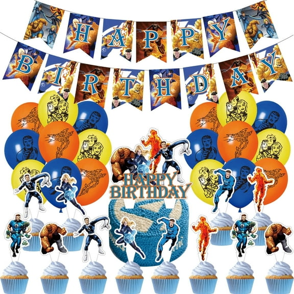 32 Pcs For Fantastic Four Cartoon-Themed Birthday Decorations and Party Favors Set – Includes Banner, Cake Topper, 12 Cupcake Toppers, and 18 Balloons for Celebration Events