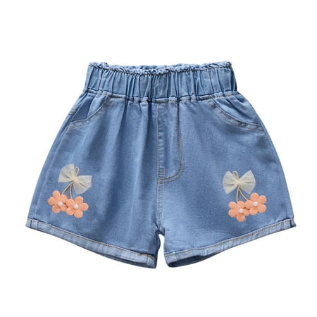 QTOCIO Toddler Girls Clothes Girls Jean Shorts Summer Thin Style Medium Size Children s and Girls Printed Denim Shorts with Pockets Blue A 4-5 Years