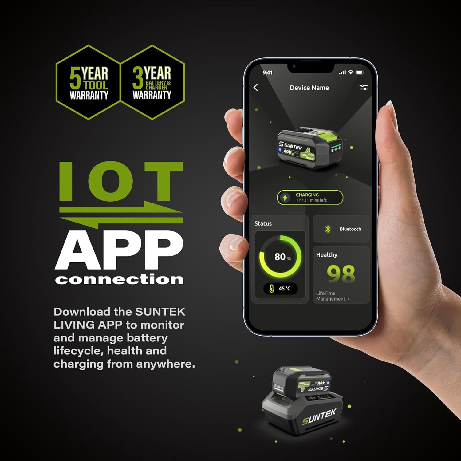 SUNTEK 40V 15-Inch Cordless String Trimmer with 4.0Ah Battery and Rapid Charger, IOT and APP Connection