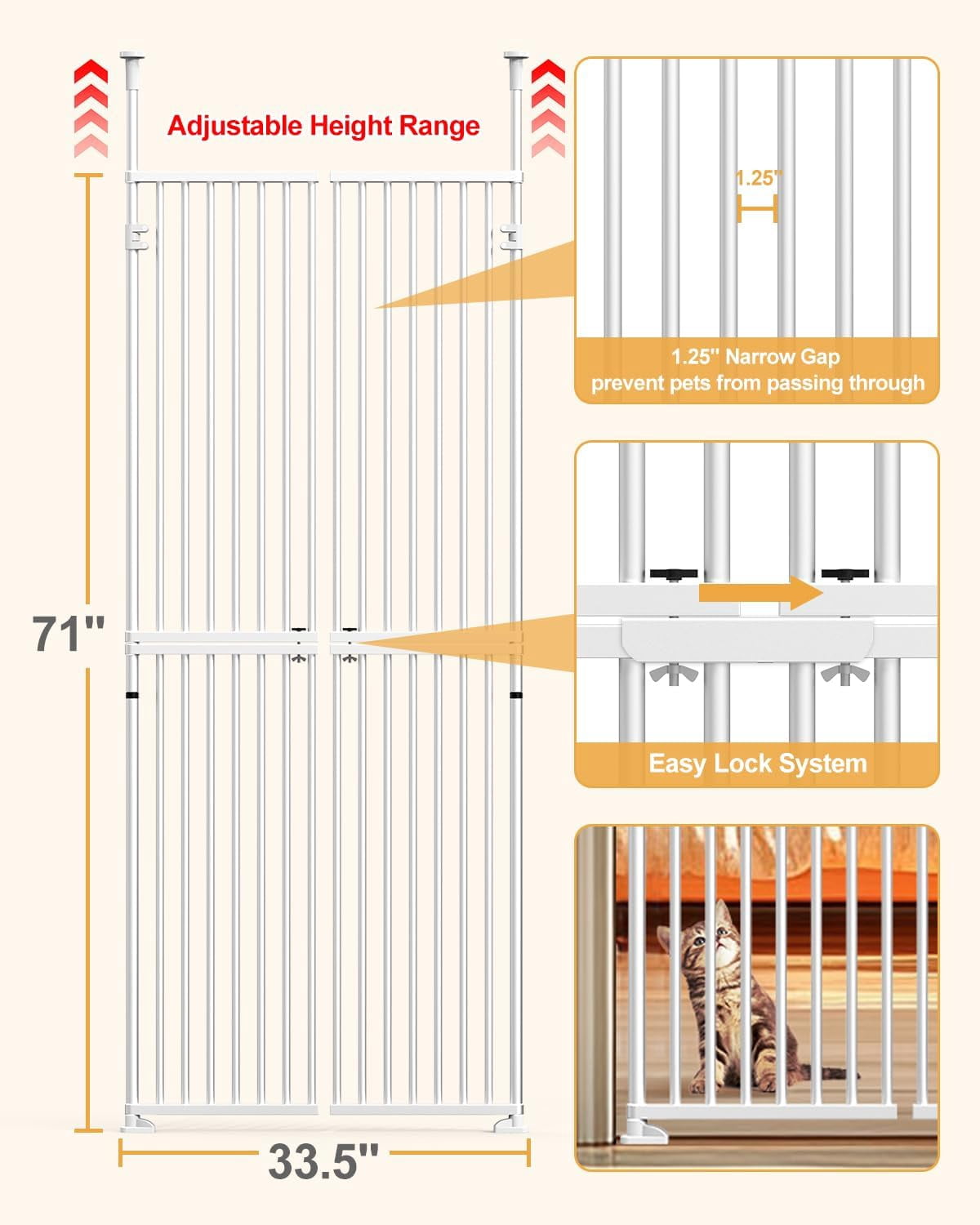 Cat Gates for Doorways No Climb, Extra Tall Cat Gate 71 Inch, 33.5"-35.8" Wide Cat/Dog Safety Gate for Doorway, Pet Gates for Doorways/Hallway/Stairs, No Drilling Required, Easy Lock & Escape Proof