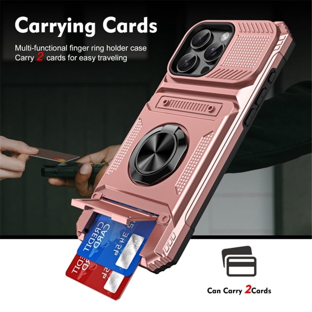 For Apple iPhone 16 Pro Max Phone Case with Finger Ring Holder Kickstand, Card Slots,Heavy Duty Shockproof Rugged Protective Working with Magnetic Car Phone Mount,Rose Gold,For iPhone 16 Pro Max