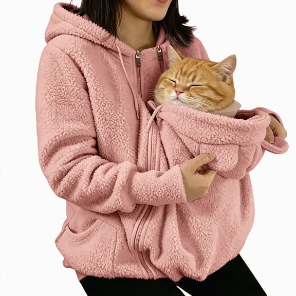 GUOBIOZIY Womens Zip Up Fleece Hoodie Large Front Pet Holding Pouch Long Sleeve Drawstring Loose Casual Outerwear Jacket