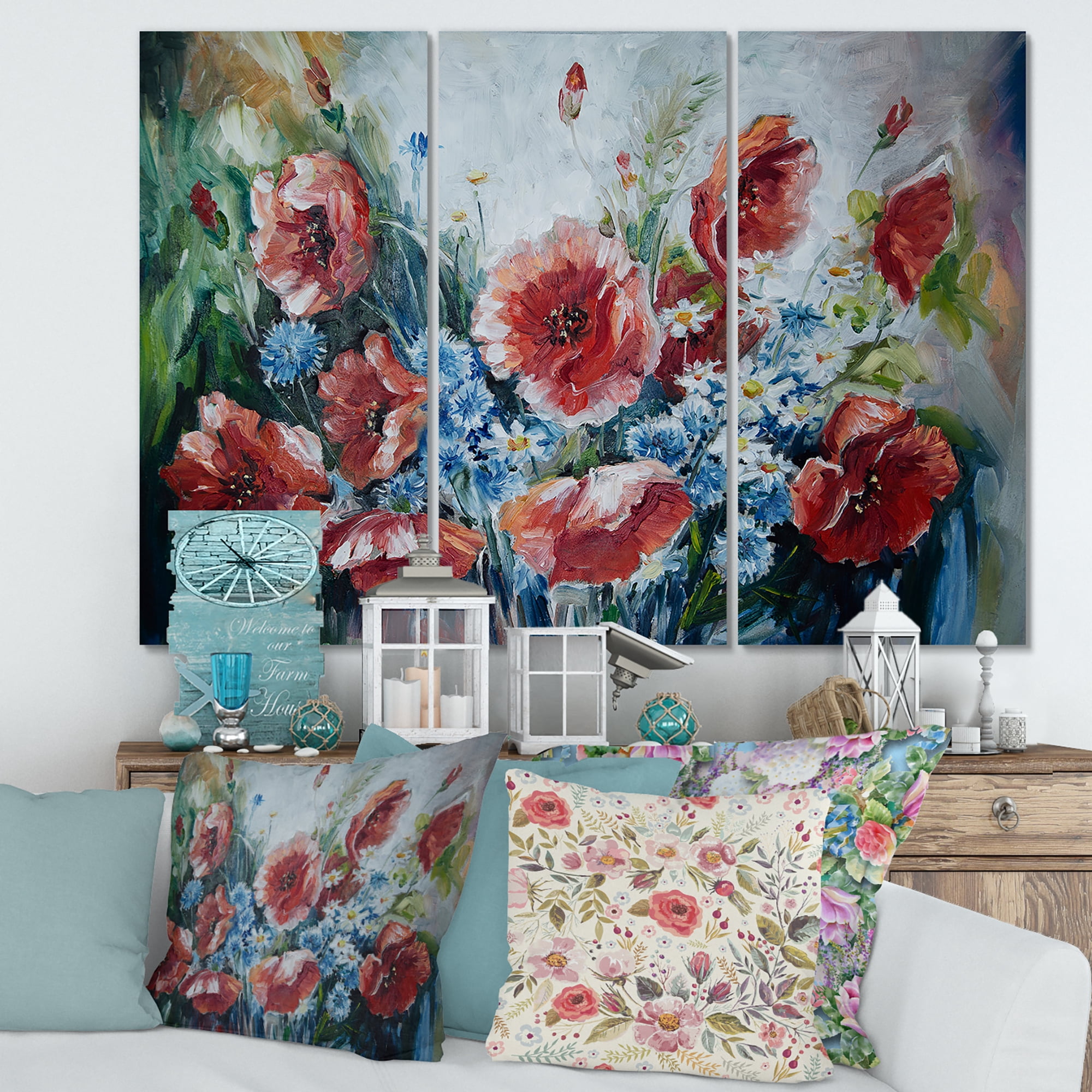 Designart ' Bouquet of Poppies Retro Style ' Traditional Canvas Wall Art Print