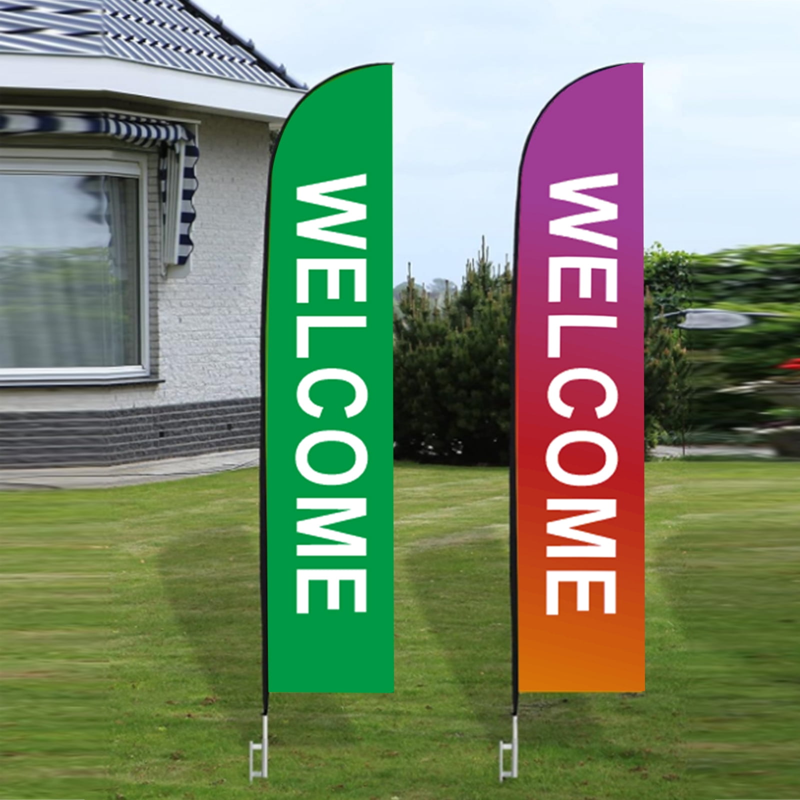 2 Pack Welcome Feather Flag Pole Kit 15 Feet Advertising Flags Business Signs for Outside, Welcome Theme Feather Flags Green & Orange + Purple Gradient, Welcome Flag Banner