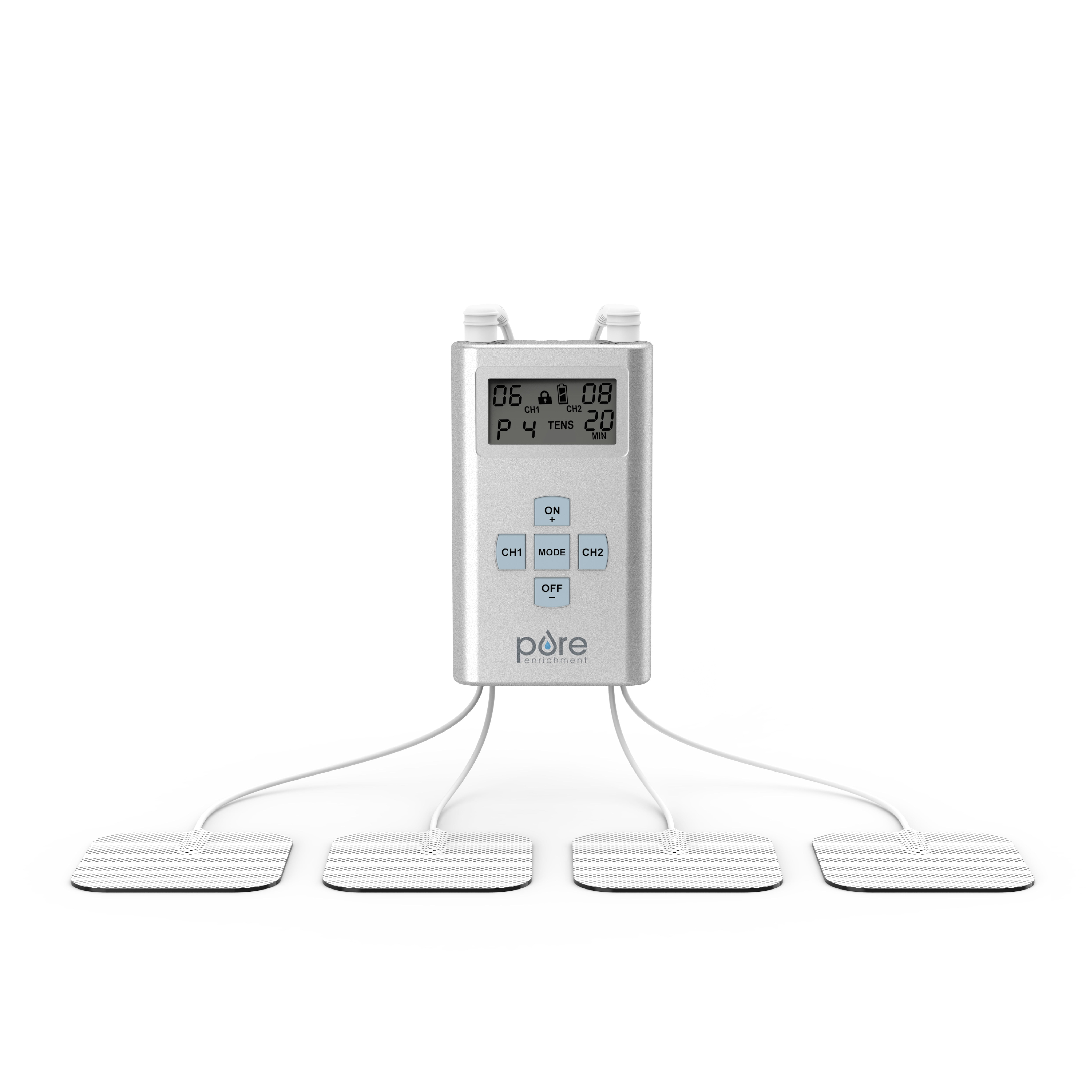 Pure Enrichment® PurePulse™ Pro Advanced Dual Channel TENS Electronic Pulse Stimulator, LCD Screen, 8 Therapy Modes, & 25 Pulse Settings -  2 AAA Batteries, 4 Reusable Electrode Pads, & Storage Bag