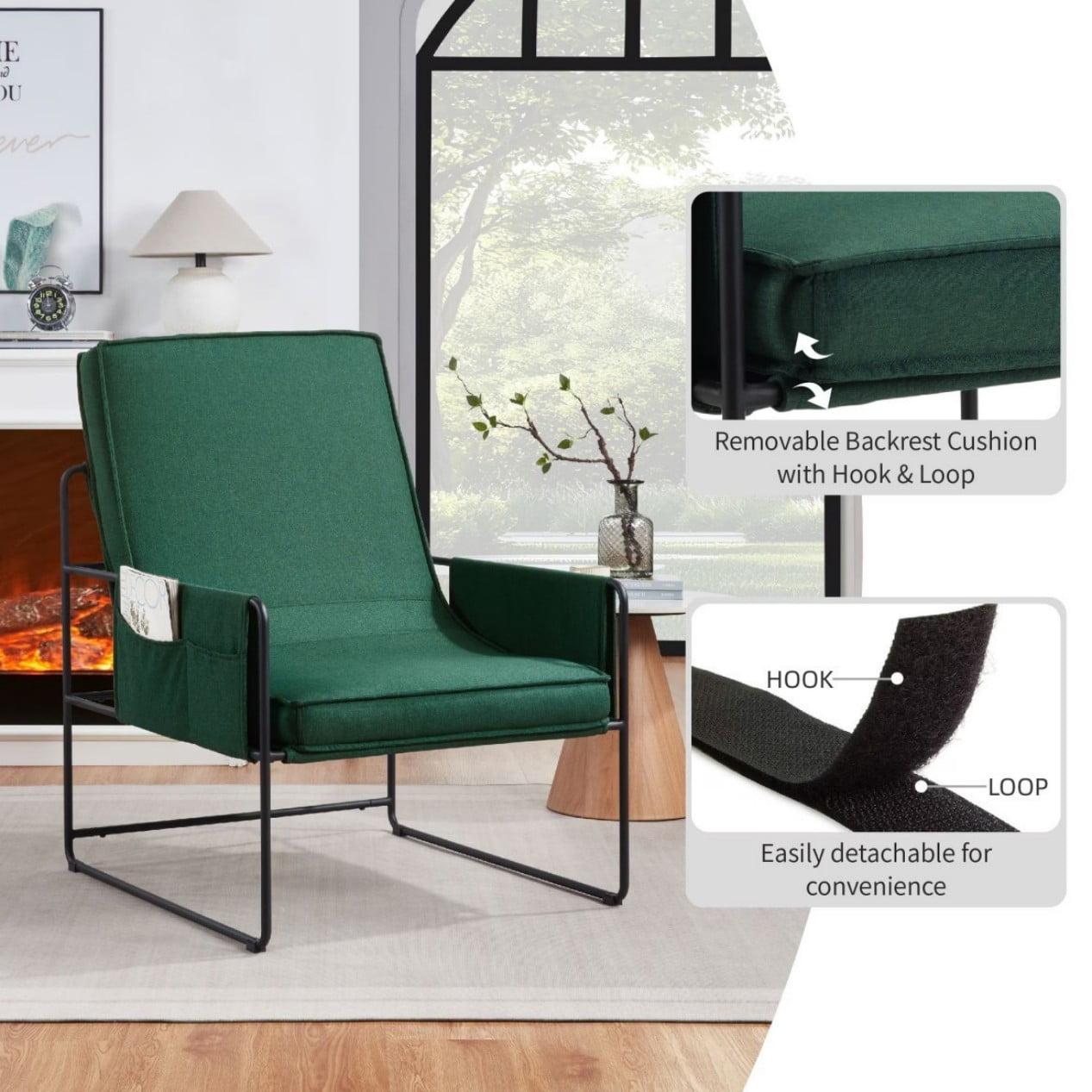 Sling Accent Chair, Comfy Arm Chair with Removable Cushion and Side Storage Pocket, Modern Vanity Chair for Living Room, Bedroom, Home Office, Green