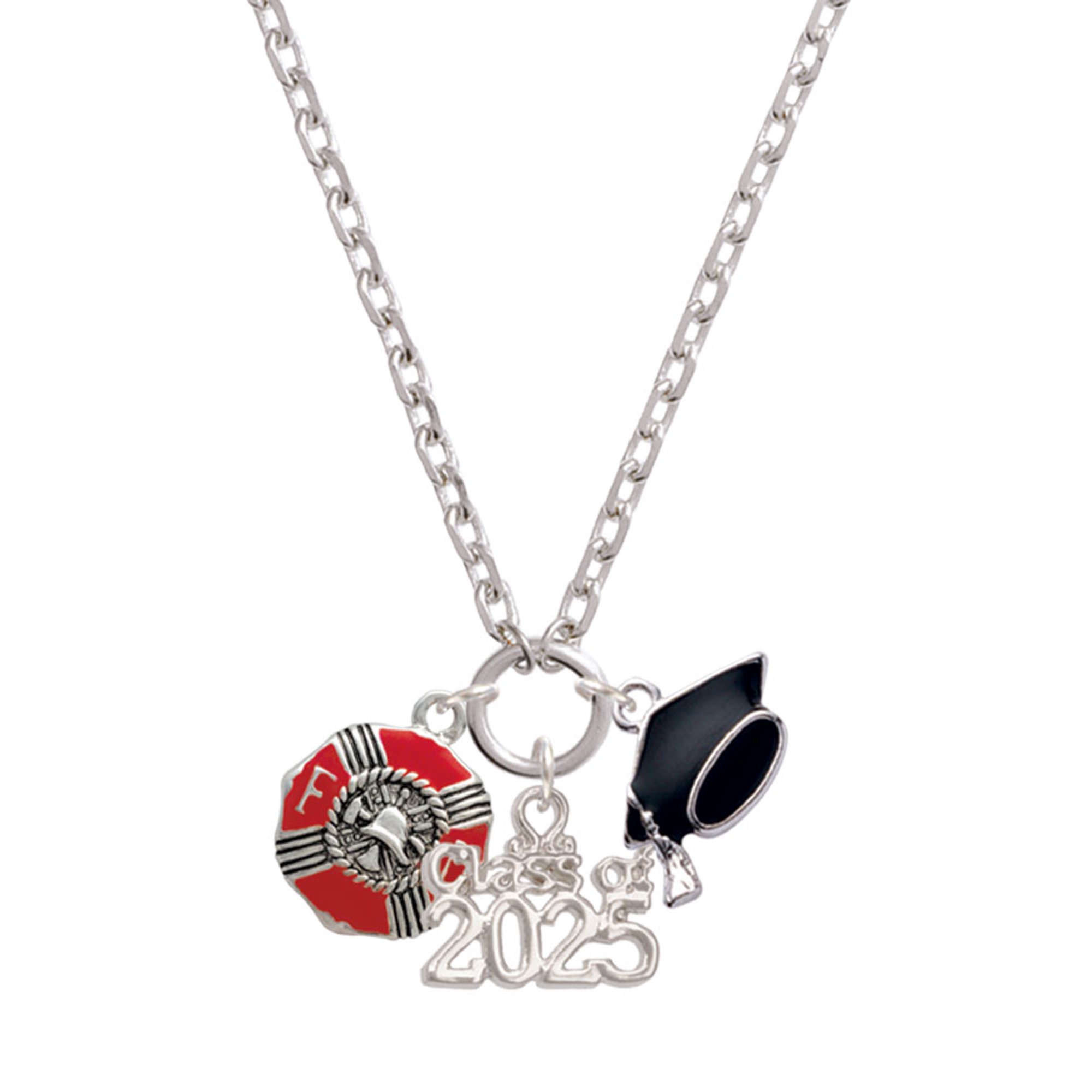 Delight Jewelry Silver-tone Red Enamel Fire Department Medallion - Silver-tone Class of 2025 Graduation Zoey Necklace, 28"