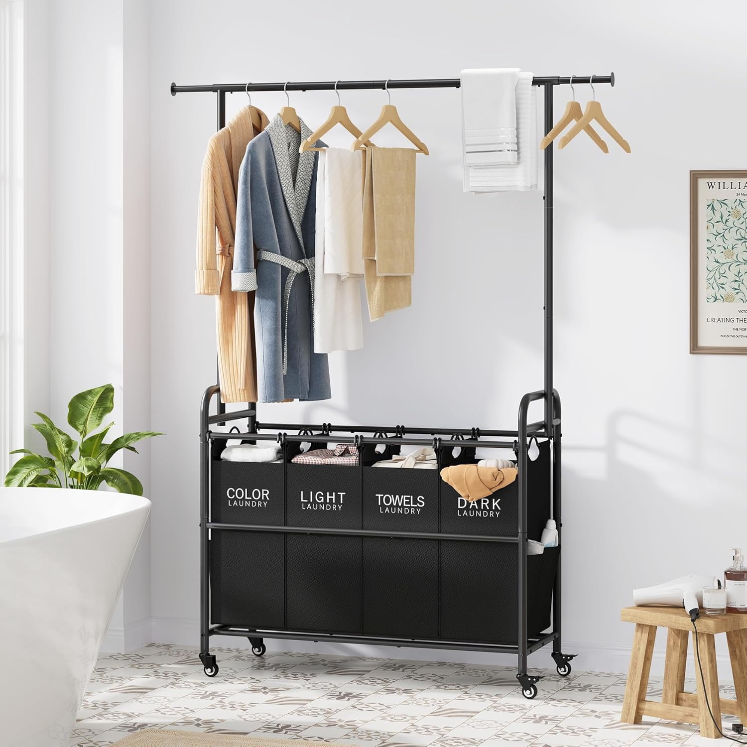 Laundry Sorter Cart with Hanging Clothes Rack, 4 Butler Sorter Basket Organizer, Laundry Hamper Cart with Heavy Duty Rolling Lockable Wheels