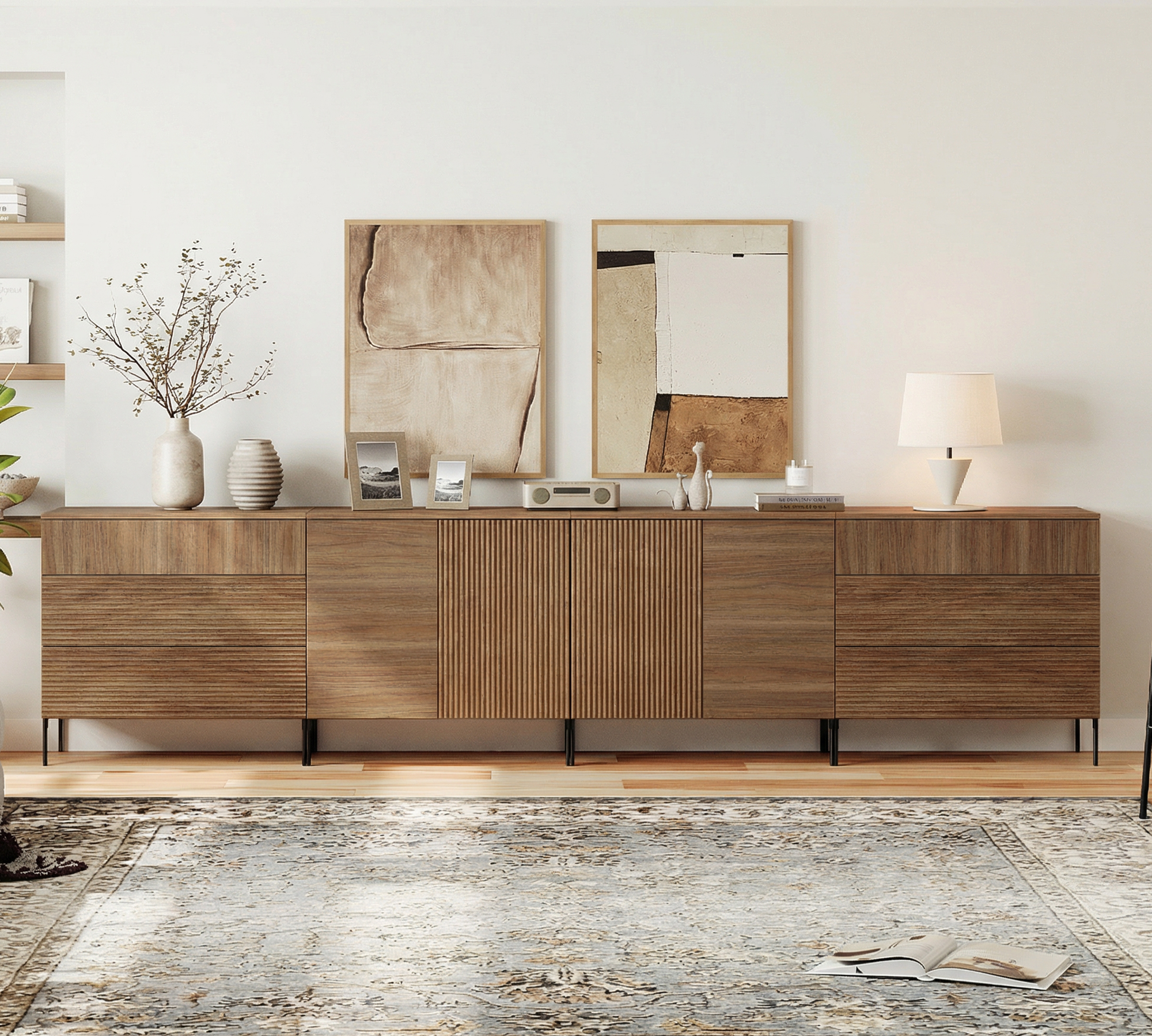 94.5" Reeded Accent Cabinet Set with Doors and Adjustable Shelves, Modern Credenza Storage Cabinet with Charging Station for Living Room, Kitchen, Dining Room, Hallway