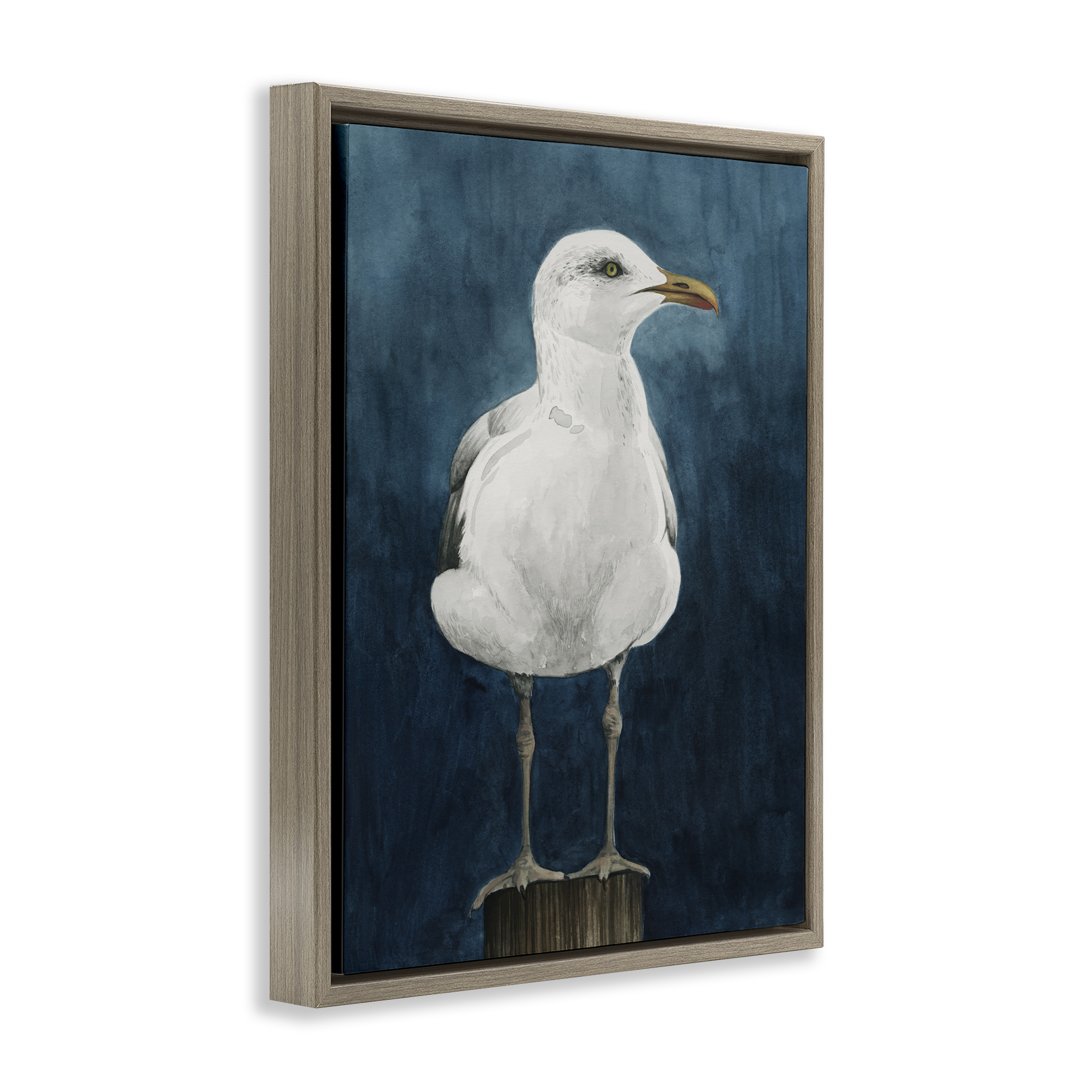Stupell Industries Seagull Perched over Blue Animals Painting Brown Floater Framed Canvas Art Print Wall Art, 17 x 21