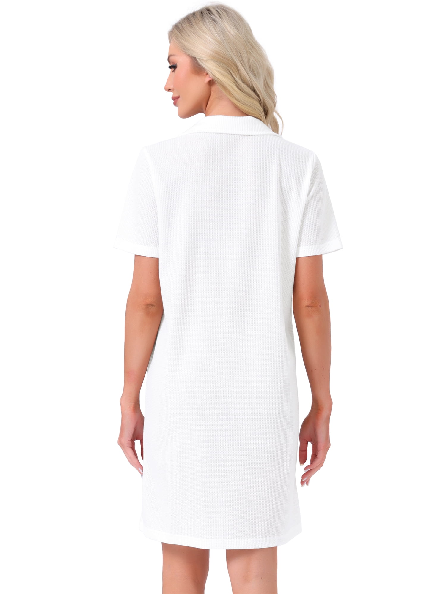 DARING DIVA Women's Zipper Robes Waffle Short Sleeve Bathrobe with Pockets M White