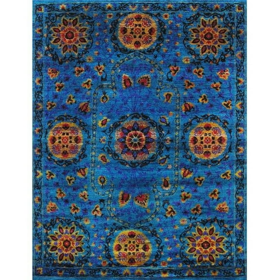 Pasargad Home Suzani 65" x 97" Hand-Knotted Sari Silk Fabric Runner Rug in Blue