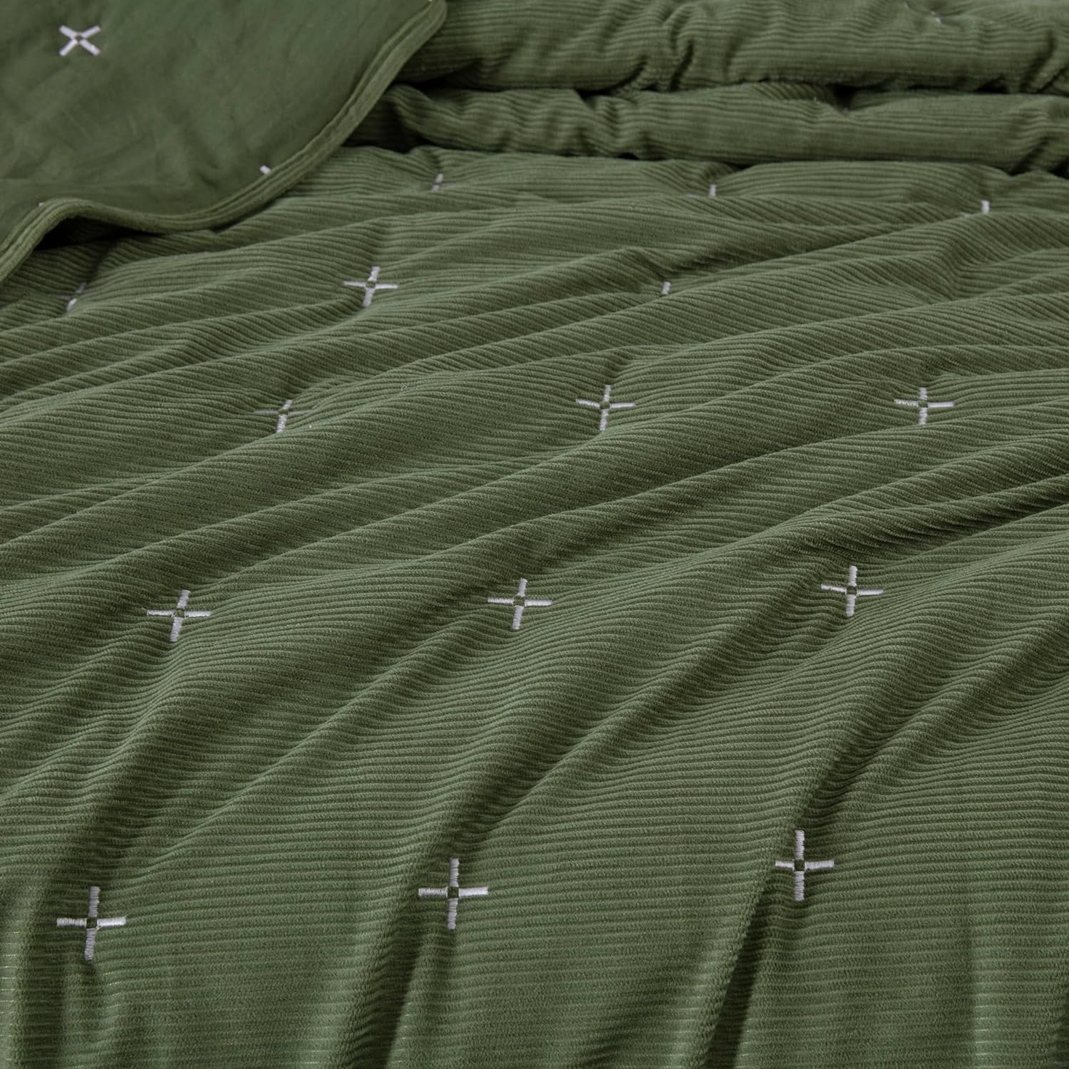 Chezmoi Collection Corduroy King Quilt Set Olive Green, 3-Piece Luxury Soft Cross Stitch Polyester Corduory Lightweight Bedspread, 1 Quilt 106 in x 94 in and 2 Pillow Shams 20 in x 36 in
