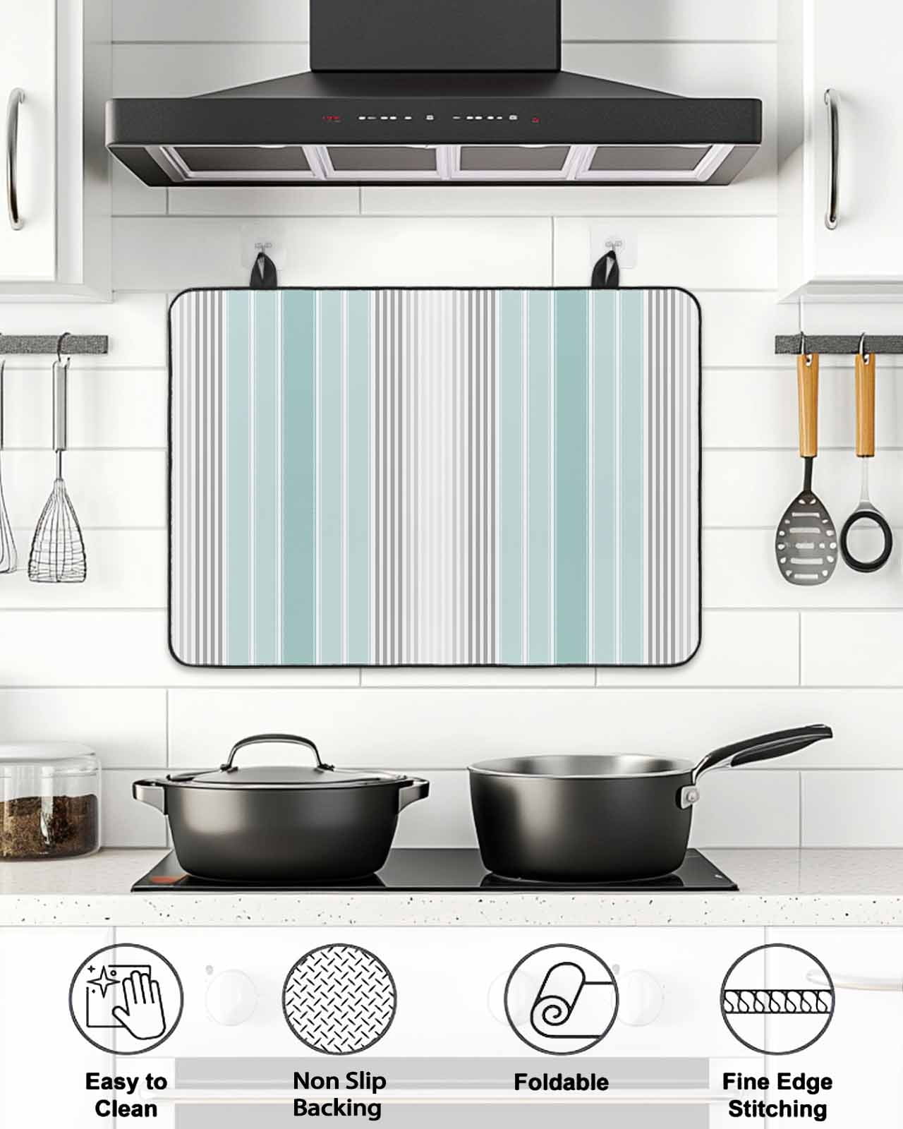 Stove Top Covers for Electric Stove, Aqua Gray Stripes Glass Stovetop Cover Protector, Minimalist Gradient Lines Aesthetic Induction Cooktop Protector Oven Mat for Kitchen Countertop 24"x21"