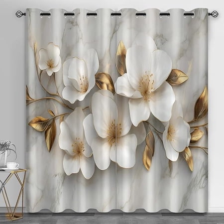 Marble Blackout Curtains For Girls Boys Home Decor White Gold Floral Curtains Modern Stylish Marble Grommet Drapes For Living Room Bedroom Home Decor 26 W x 63 L (Pack of 2)
