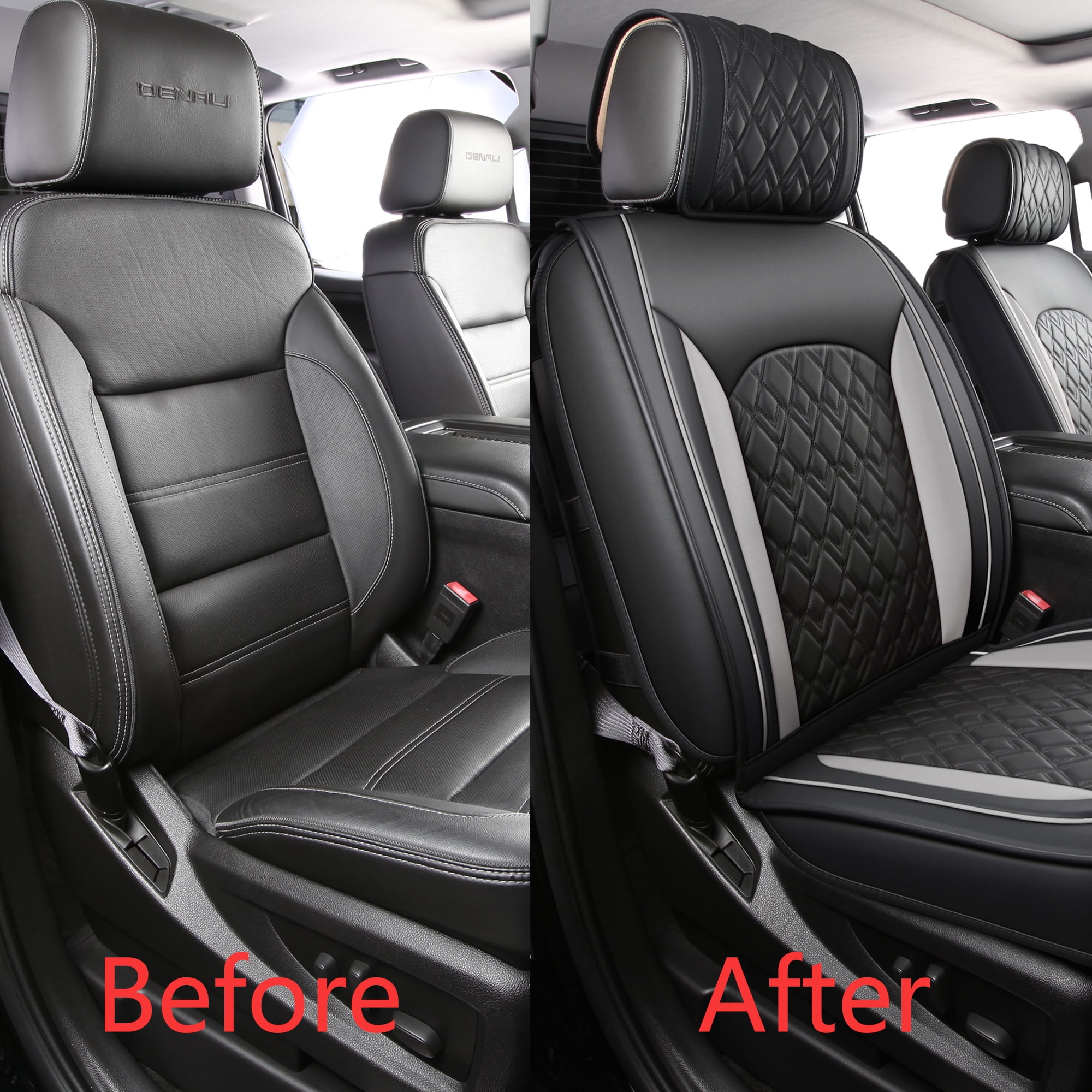 JOJOBAY Chevy Silverado Seat Covers,Leather Seat Covers for GMC Sierra,Custom Fit 2007-2026 1500 2500HD 3500HD Crew Double Extended Regular Cab,LT LZT RST Trail Boss(Front Pair,Black Grey)